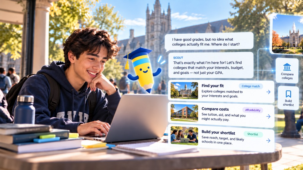 A student asking Scout which colleges fit, with match, cost, and shortlist suggestions