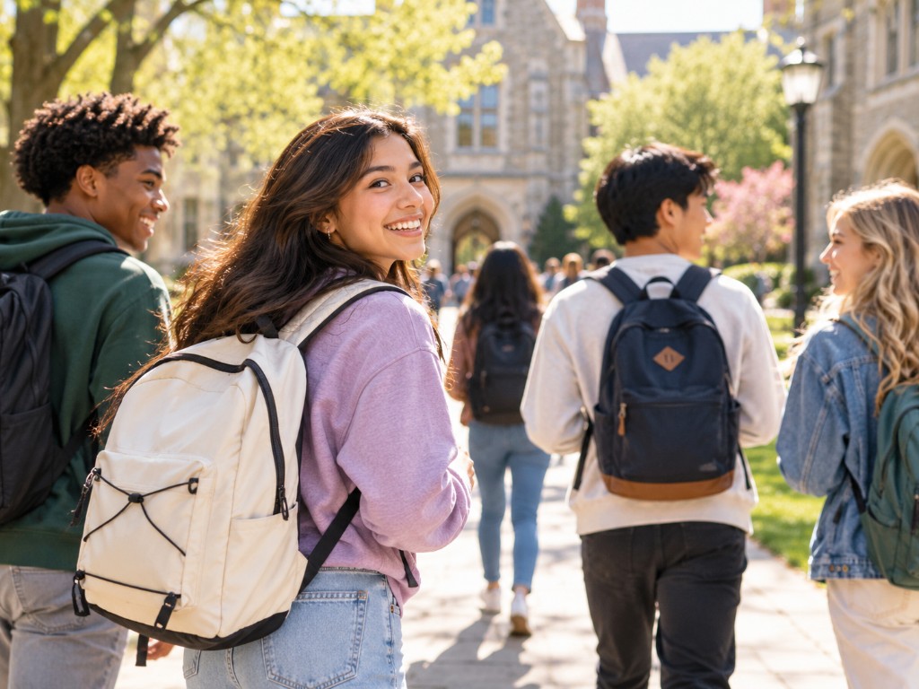Students walking across a sunny college campus