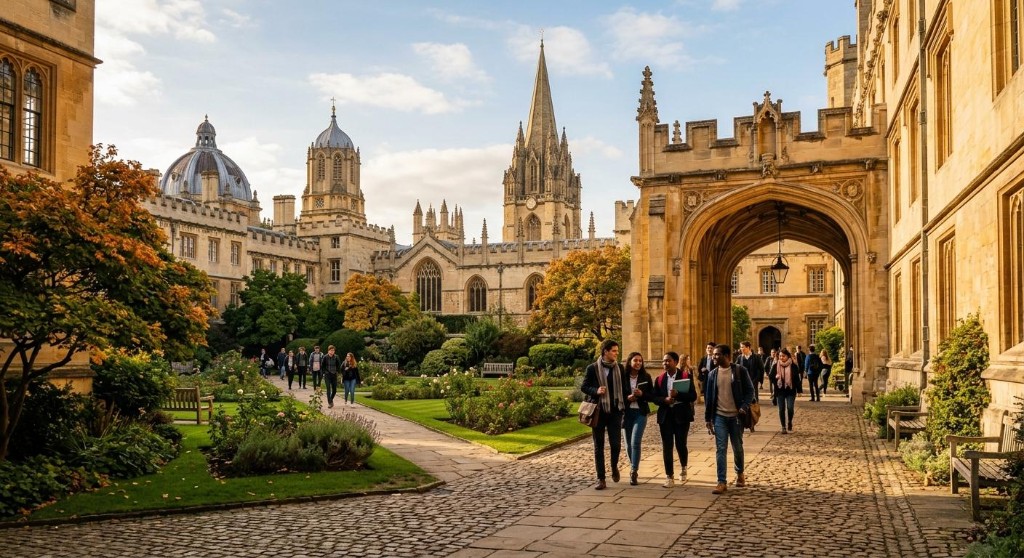 Students walking through a stone college courtyard